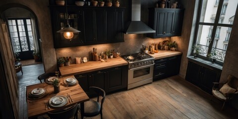 Dark Kitchen Interior Design with Wooden Accents