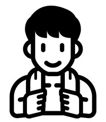 A black and white icon of a smiling person holding a towel around their neck symbolizing bathing hygiene self-care or preparing to shower.