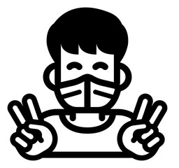 A black and white icon of a person wearing a face mask and making a peace sign with both hands symbolizing health protection safety hygiene or pandemic awareness.