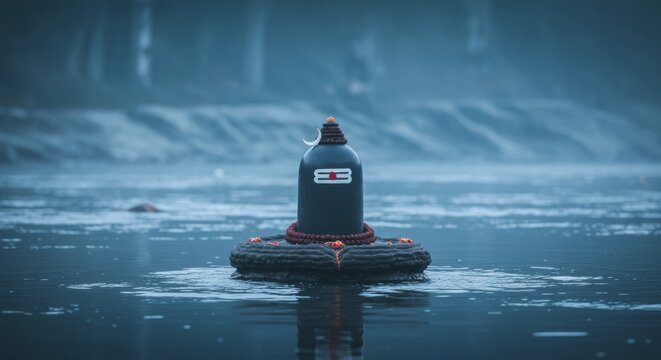 Mystical Shiva Lingam Floating in a Sacred River at Dusk