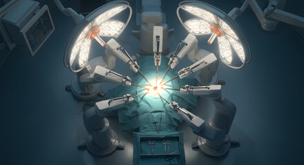 Advanced robotic surgery system in modern operating room bright lights precise instruments medical technology innovation on transparent background