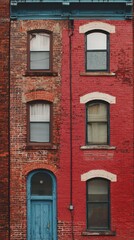 Fototapeta premium Red brick building, urban, city, windows, door, facade, architecture, real estate
