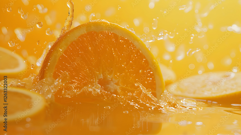 Poster fresh orange slices splashing in vibrant juice, creating a lively and refreshing scene