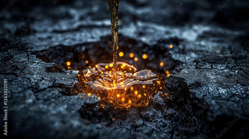 Poster Glowing amber dots emerging from cracks urban setting digital art dark environment close-up illuminating concept
