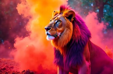 Fototapeta premium Animal lion sprayed colorful colors holi, Indian spring festival. AI Generative