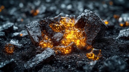 Fototapeta premium Glowing amber dots emerge from cracks in dark rocks fantasy landscape digital art enigmatic atmosphere