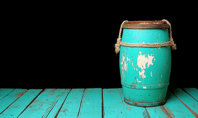 Fototapeta premium Rustic turquoise barrel on a weathered wooden surface against a black background, creating a vintage aesthetic for home decor or artistic projects.