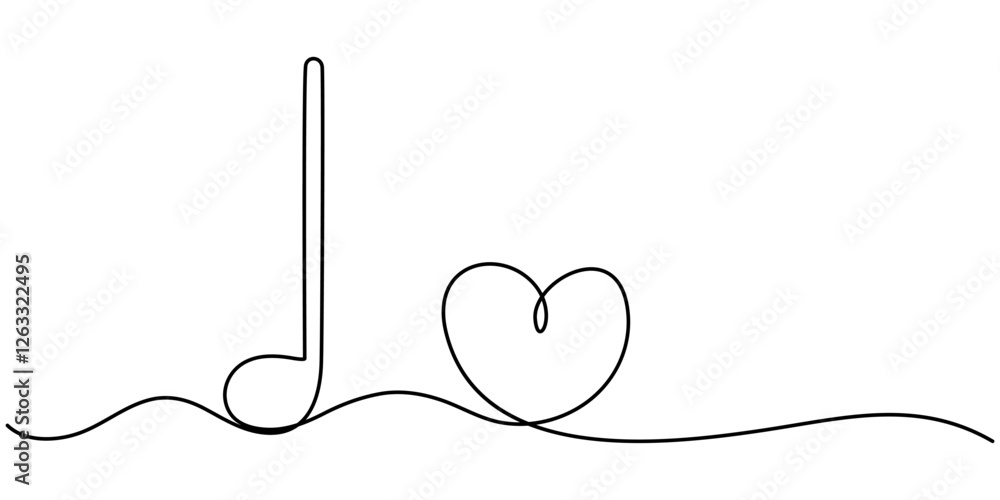 Poster continuous one line drawing. heart and music note, treble clef continuous one line drawing. music no