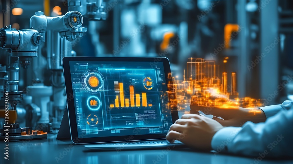 Poster person using laptop to monitor industrial automation system with robotic arm in background.
