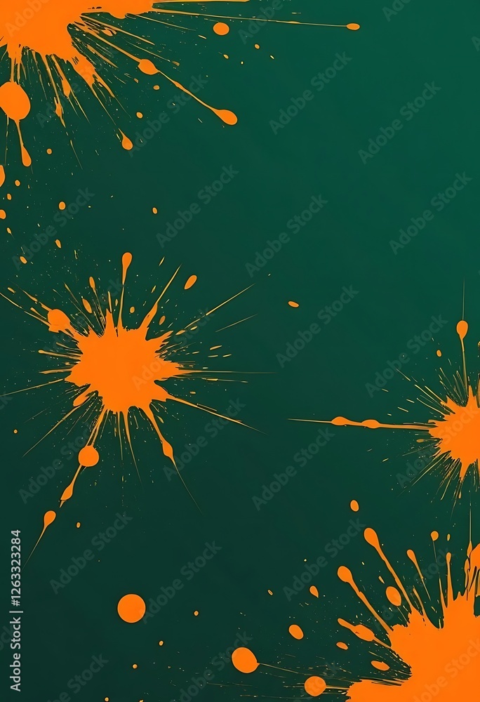 Poster energetic orange splatters on deep green canvas creating a burst of motion
