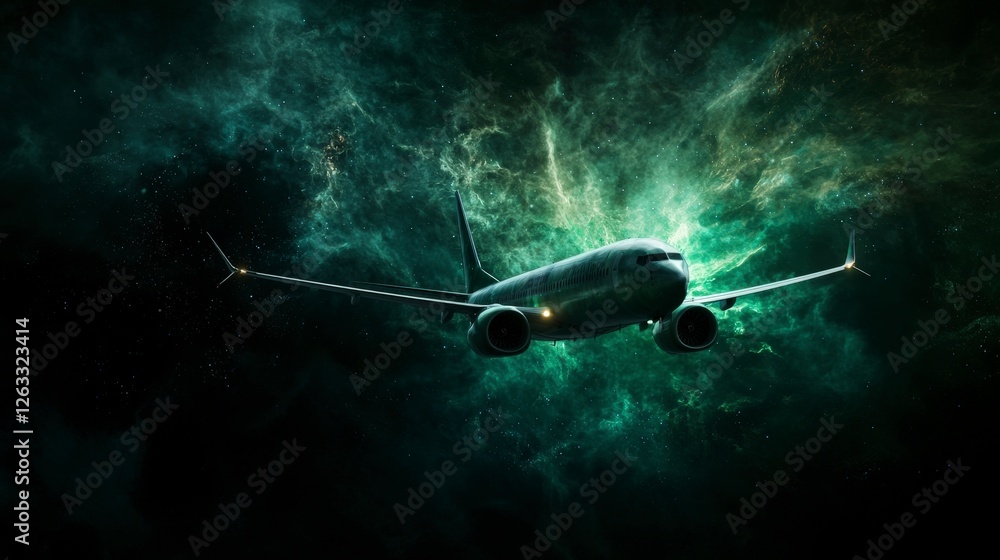 Poster Emerald plane soars through cosmic clouds digital art sci-fi environment futuristic viewpoint