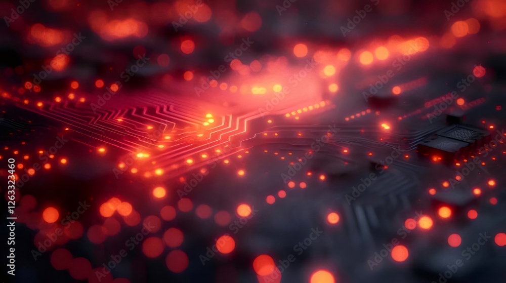Poster glowing red circuit board with integrated circuits and connecting pathways.