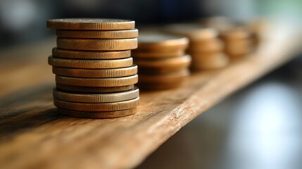 Close-up of stacked coins on rustic wood, showing financial growth concept.
