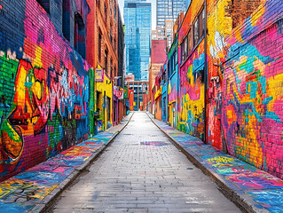 Fototapeta premium A vibrant urban alley covered in colorful graffiti art