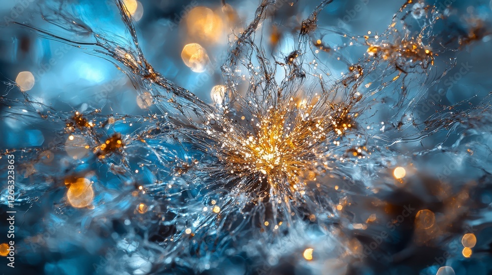 Poster Tiny bursts of metallic silver light slice through opa abstract art digital blue background macro viewpoint