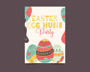 Easter egg card design. Easter holiday egg hunt flyer in colorful flat style with quote text. Retro brochure. Stock illustration background