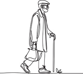 Line Art of Old Man Walking with a Cane