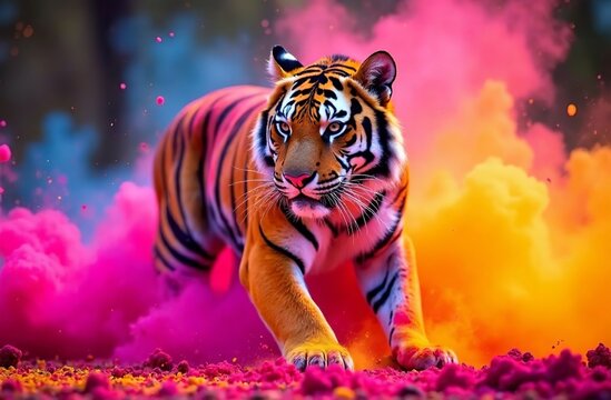 Animal tiger sprayed colorful colors holi, Indian spring festival. AI Generative