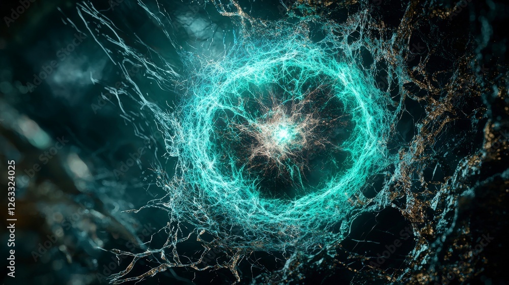 Leinwandbilder Tiny flashes of bluegreen light illuminate depths abstract science visualization enigmatic digital environment