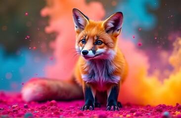 Animal fox sprayed colorful colors holi, Indian spring festival. AI Generative