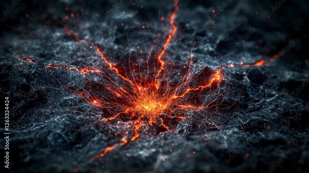 Poster fractured spaces ignite with tiny sparks of red-orange digital abstract dark environment dynamic vie