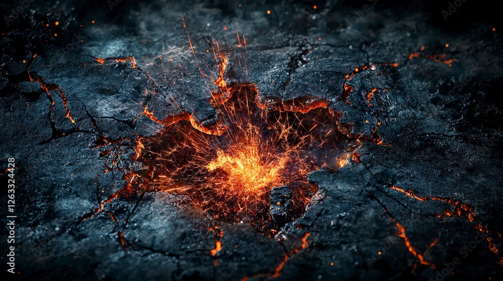Aufkleber molten eruption sparks from cracked surface abstract art dark environment close-up view fiery concep