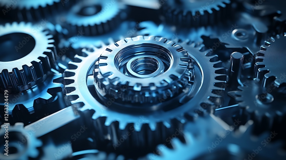 Poster close-up of intricate metallic gears meshing together, showcasing precision engineering and complex 