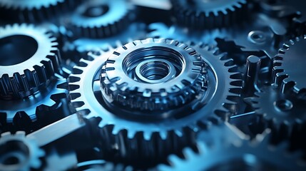 Close-up of intricate metallic gears meshing together, showcasing precision engineering and complex mechanics.