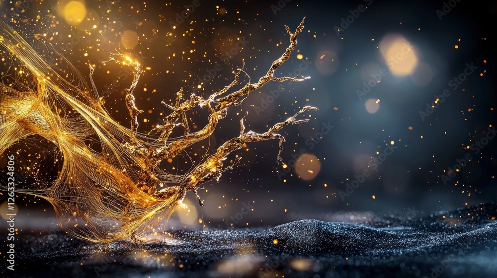 Poster Abstract art showcase vibrant golden threads shimmering in darkness from a studio close-up viewpoint