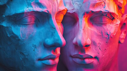 Two faces with blue and pink colors