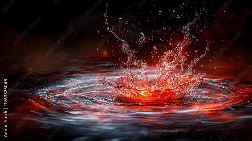 Poster Dynamic splash of red-orange water rippling through darkness abstract photography in studio close-up perspective