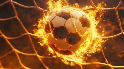 Fototapeta premium A fiery soccer ball blazing through the goal net, engulfed in flames, dramatic action shot.