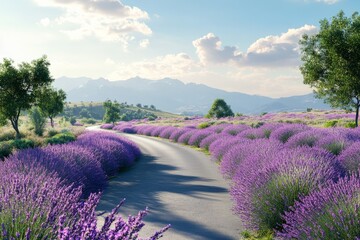 Lavender fields stretch along a winding road in a picturesque landscape under a bright blue sky and fluffy clouds