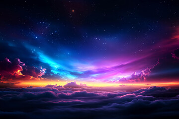 Fototapeta premium Dreamlike Horizon with Swirling Clouds in Deep Blue, Lavender, and Neon Green, Evoking a Lively Sky Filled with Gentle Patterns and Movement