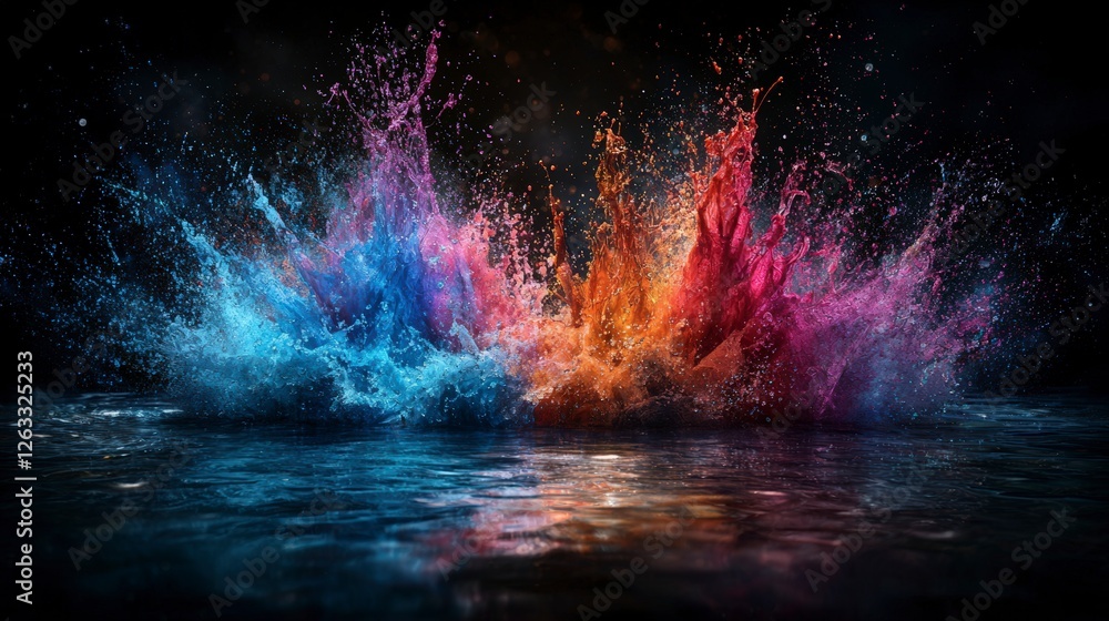 Poster dynamic splash of vivid colors in dark waters artistic visualization abstract environment creative c