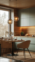 Modern Kitchen Design With Light Green Cabinetry and Elegant Lighting for a Cozy Dining Atmosphere in a Serene Setting. Generative AI