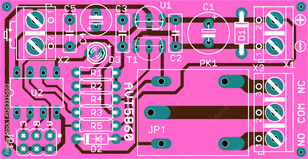Poster vector printed circuit board of electronic device with components of radio elements, conductors and 