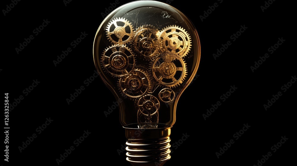 Poster a futuristic digital lightbulb filled with interlocking gears, symbolizing technological progress an