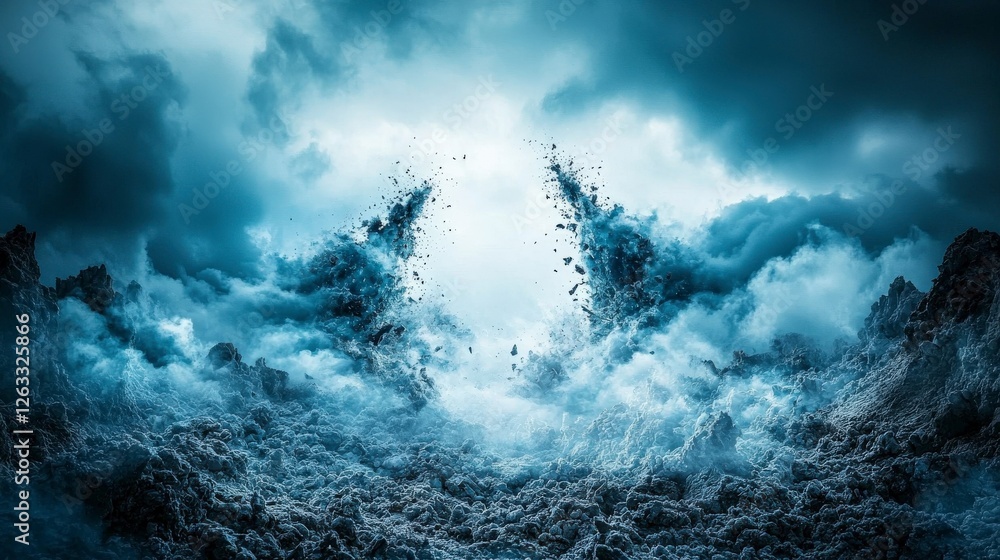 Poster churning waves of silence over misty landscapes abstract art dramatic environment captivating viewpo