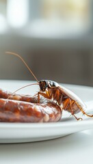 A detailed view of a cockroach sitting on sausage placed on a pristine white plate, highlighting sanitation concerns, food safety hazards, and pest management