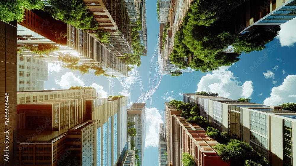 Poster a futuristic smart city with digital data streams flowing between skyscrapers, symbolizing connectiv