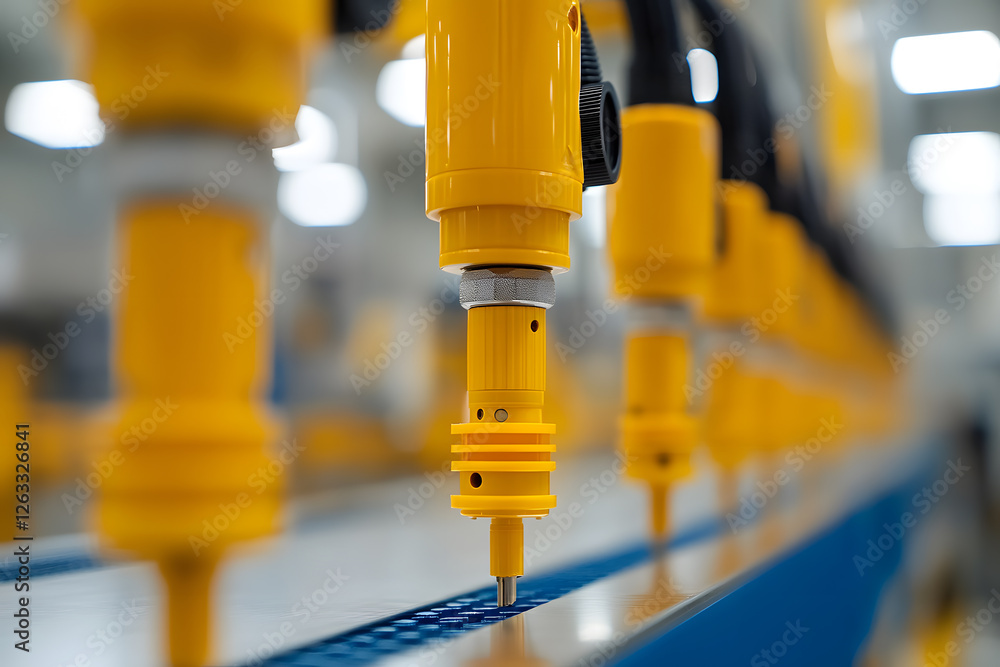 Poster automated assembly line featuring yellow robotic arms working on a product, showcasing precision and