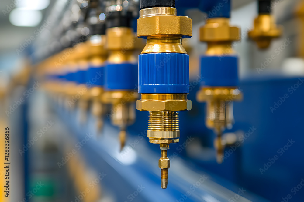 Aufkleber aligned blue and brass connectors in a factory setting show precision engineering and quality contro