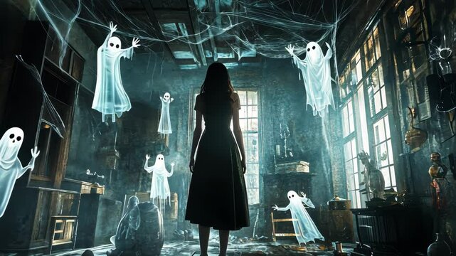 Woman facing ghosts in haunted house interior