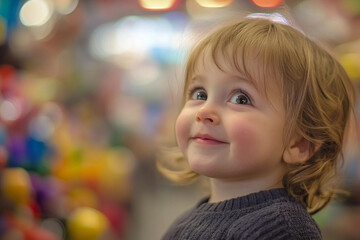 Fototapeta premium Smiling Child Teen Baby Exploring Colorful Toy Store Aisles full shelves, Generative AI