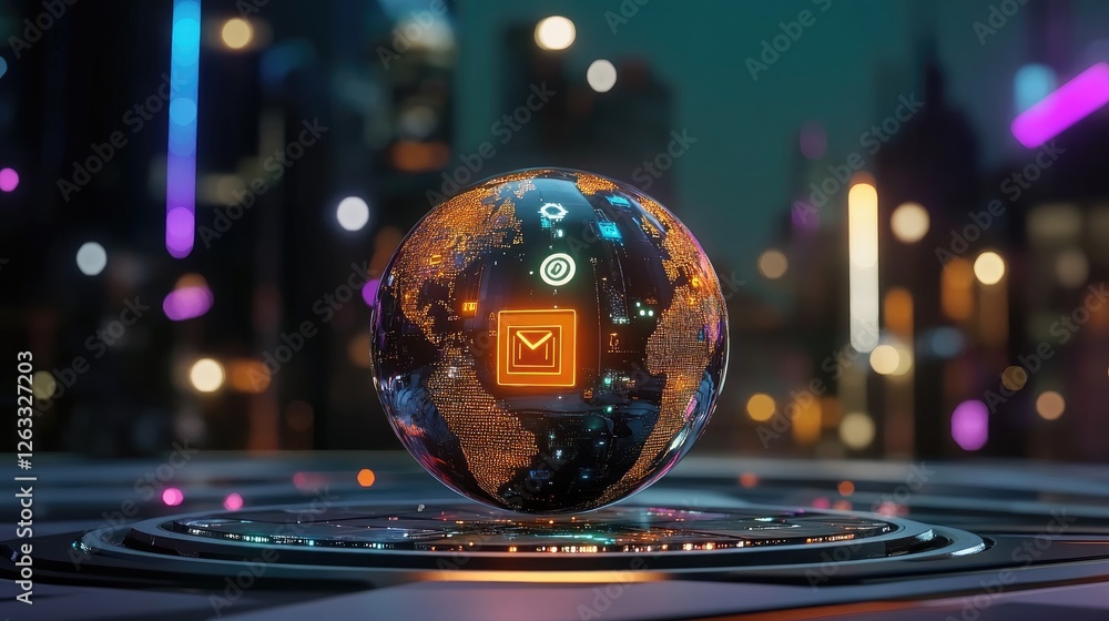 Poster a holographic globe with cybersecurity icons, symbolizing data encryption and digital safety.