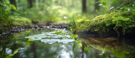 Fototapeta premium Forest stream reflection, lush green plants, tranquil background. Nature scene
