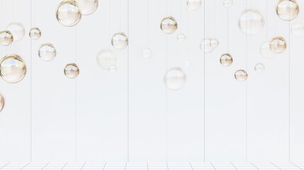 Fototapeta premium A serene scene of translucent bubbles gently floating against a white backdrop, evoking feelings of tranquility and lightness.