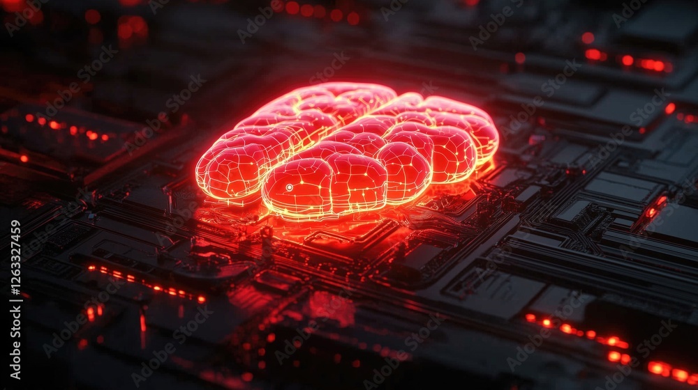 Poster a glowing red brain design on a circuit board, symbolizing artificial intelligence, technology, and 