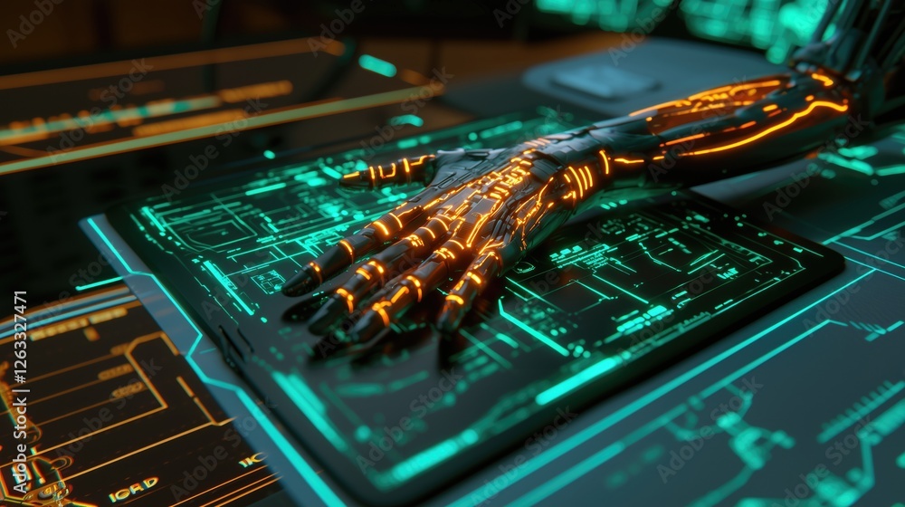 Poster a sleek robotic hand illuminated with neon lights, resting on a high-tech control panel, symbolizing